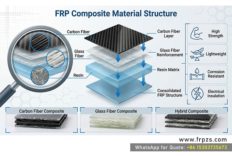 FRP复合材料结构,展示玻璃纤维、碳纤维增强及树脂基体系统